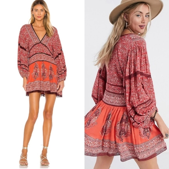 Free People Luna Scarf Print Tunic Top XS NEW Red